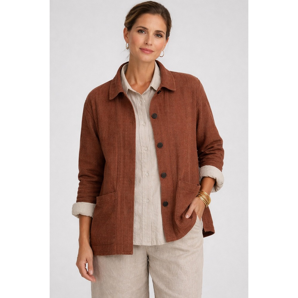 NWT FLAX Linen Jacket Shirt Women Sz M Brown Herringbone Long Sleeve Lagenlook